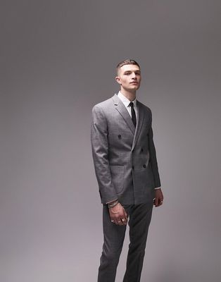 Topman skinny double breasted textured suit jacket in gray-Black