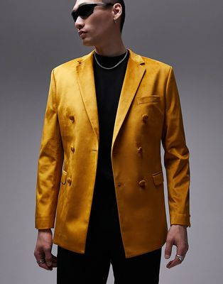 Topman skinny double breasted velvet blazer in gold