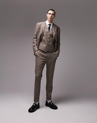 Topman skinny fabric detail check suit pants in stone-Neutral
