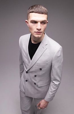 Topman Skinny Fit Herringbone Double Breasted Suit Jacket in Grey