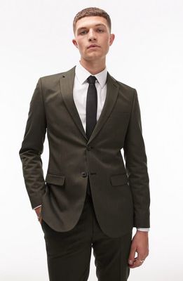 Topman Skinny Fit Herringbone Suit Jacket in Dark Khaki Green