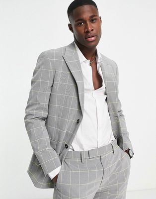 Topman skinny single breasted suit jacket in gray and lime check