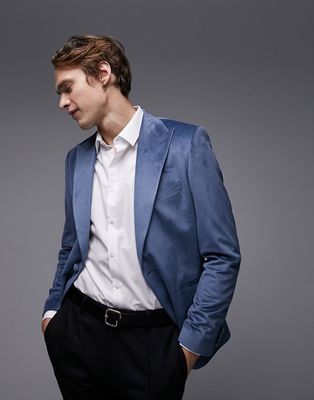 Topman skinny single breasted velvet blazer in blue