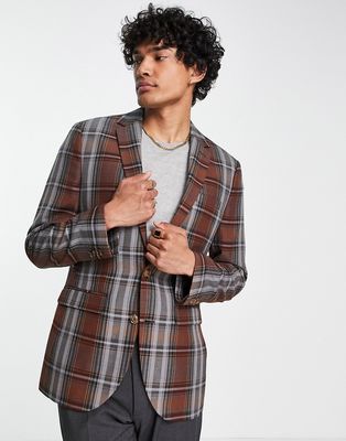 Topman skinny suit jacket in gray & brown plaid