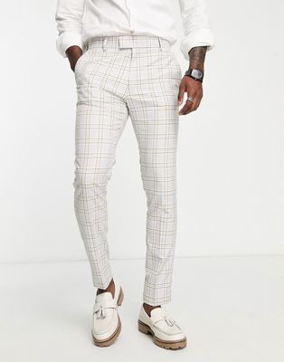 Topman skinny suit pants in gray & brown check