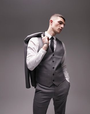 Topman skinny textured suit vest in gray