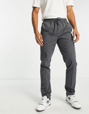 Topman skinny washed cotton suit pants with elastic waist in charcoal-Gray