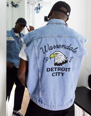 Topman sleeveless denim jacket with patches in light blue