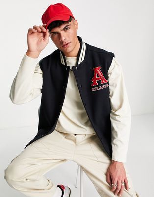 Topman sleeveless varsity jacket with patches in navy