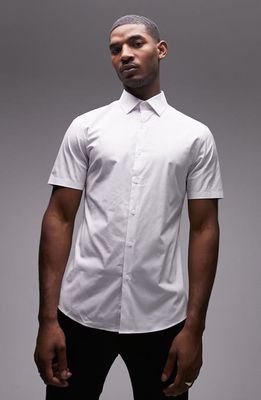 Topman Slim Fit Short Sleeve Stretch Cotton Button-Up Shirt in White