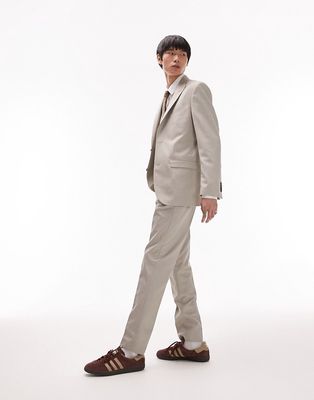 Topman slim linen blend suit pants in stone-Neutral