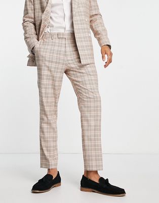 Topman slim tapered suit pants in stone and pink check-Neutral