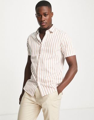 Topman smart short sleeve slim shirt in toffee and white stripe