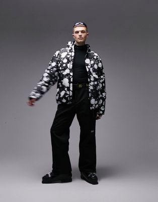 Topman Sno hooded puffer jacket in mono splodge-Black