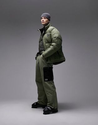Topman Sno straight leg color block ski pants in khaki-Green