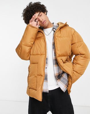 Topman square quilted puffer jacket in brown