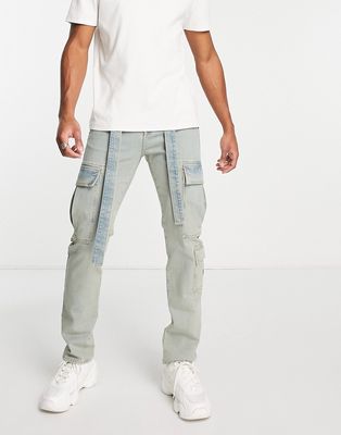 Topman straight belted cargo jeans in dirty light wash tint-Blue