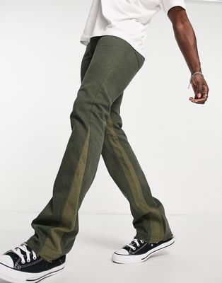 Topman straight flared let down hem jeans with contrast panels in khaki-White
