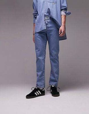Topman straight jeans in mid wash-Blue