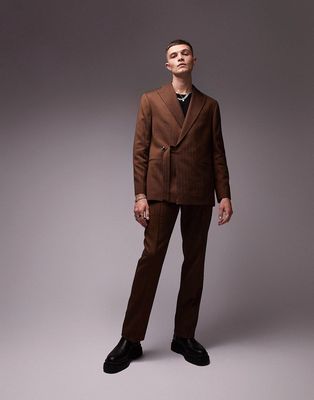 Topman straight wool mix herringbone suit pants in brown
