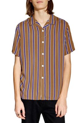 Topman Stripe Revere Collar Camp Shirt in Brown Multi