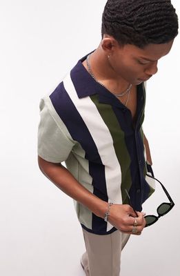 Topman Stripe Short Sleeve Knit Button-Up Camp Shirt in Multi