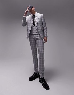 Topman super skinny fabric interest checked suit pants in gray