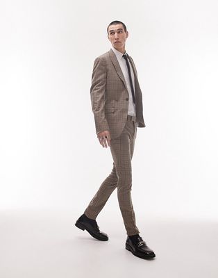 Topman super skinny neutral checked wedding suit pants in brown