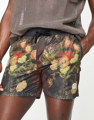 Topman swim shorts in licenced Van Gogh print-Black