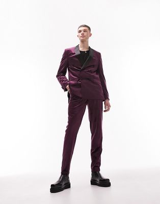 Topman tapered velvet suit pants in purple