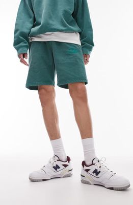 Topman Tokyo Embroidered Sweat Shorts in Dark Green
