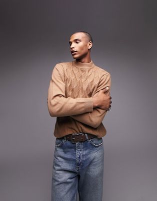 Topman turtle neck knitted sweater with knitted design in brown