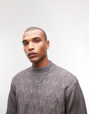 Topman turtle neck knitted sweater with knitted design in gray
