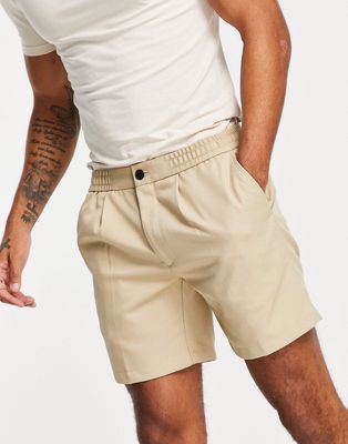 Topman twill slim pleat shorts in stone-Neutral