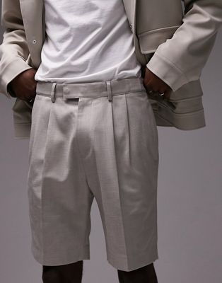 Topman twin pleat linen shorts in stone-Neutral