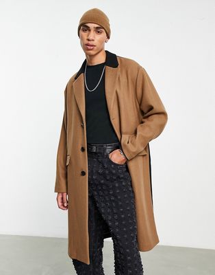 Topman unlined over coat with color block in stone and black-Multi