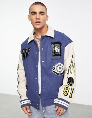 Topman varsity jacket with city embroidery in blue