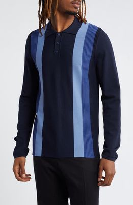 Topman Vertical Stripe Long Sleeve Rib Polo in Navy at Nordstrom, Size X-Small