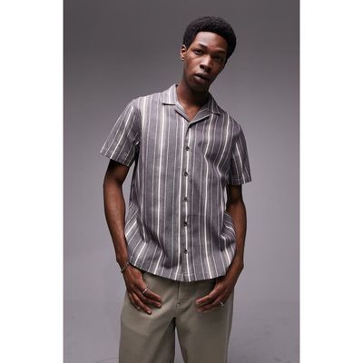 Topman Vertical Stripe Regular Fit Camp Shirt in Grey Multi