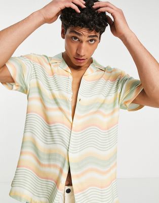 Topman viscose camp collar shirt in horizontal wave print-Multi