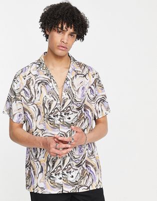 Topman viscose revere shirt in marble print-Multi