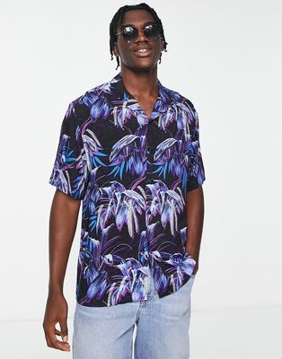 Topman viscose revere shirt in navy palm print