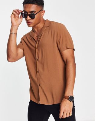 Topman viscose shirt with deep camp collar in brown