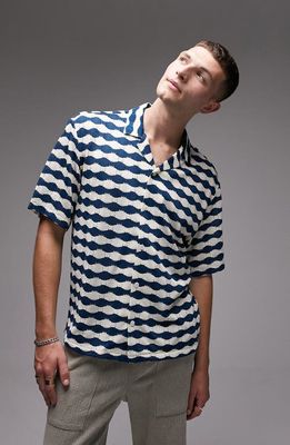 Topman Wavy Stripe Crochet Button-Up Camp Shirt in Blue Multi