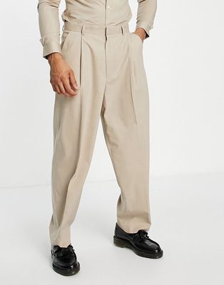 Topman wide leg pants with pleat in stone-Neutral