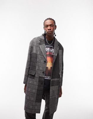 Topman wool blend oversized overcoat in mono check-Multi