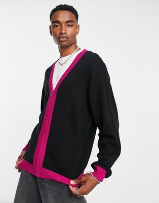 Topman zip cardigan with contrast in black