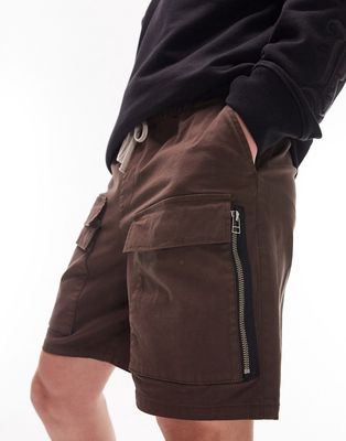 Topman zip double cargo pocket short in brown-Green