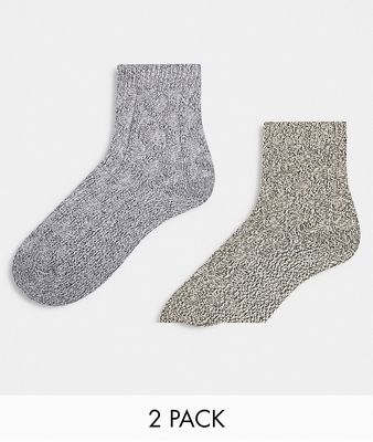 Topshop 2 pack chunky cable knit socks in oat & khaki-Multi