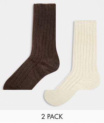 Topshop 2 pack cozy fluffy yarn socks in cream and chocolate-Multi